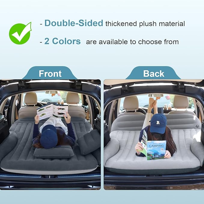 SUV Air Mattress Double-Sided Thick Flocked Car Air Mattress with Built-in Pump &amp Pillow Complete Sleeping Accessories for Auto Camping &amp Road Trips（Dark Gray）