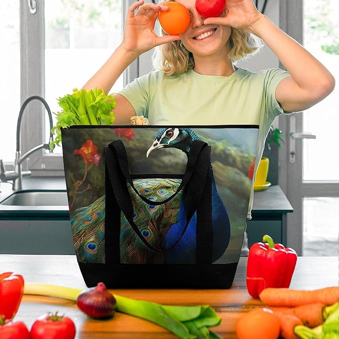 Insulated Shopping BagLarge Reusable Cooler Bags Colorful Peacock Printed Foldable Shopping BagTravel Waterproof Shoulder Bag