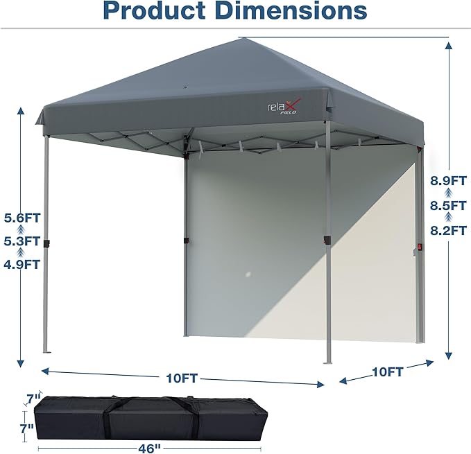 10x10 Outdoor Folding Canopy Tent with 1 Sidewall Easy Up Outdoor Shelter with One Person Set Up Center Lock Portable Patio Screen Tent for Camping Party Beach and Picnic Grey