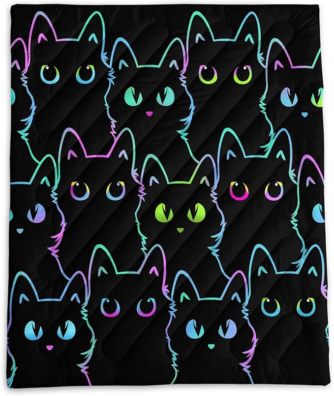 Axolotl Black Neon Cat Camping BlanketSilhouette Cat Packable Outdoor BlanketBlue Green Waterproof Lightweight Warm Puffy Printed BlanketCat Lover Travel Blanket for CampingTravelStadiumHiking