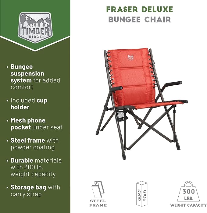 Timber Ridge Bungee Folding Camping Chairs for Adults Heavy Duty Collapsible Padded Chair with Armrests Cup Holder Foldable Outdoor Lounge Chairs for Beach Fishing Lawn Supports 300 lbs Red