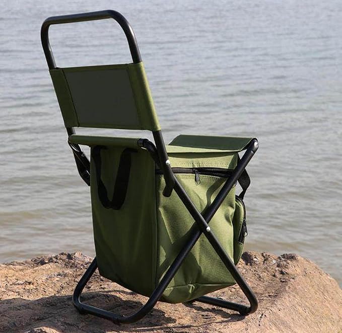 Foldable Fishing Chair with Cooler Bag Compact Fishing Stool Portable Backrest Stool with Backrest for Finishing Travel Camping Hunting Hiking (Olive Green)