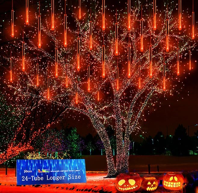 Kwaiffeo Outdoor Halloween Decorations 24 Tubes Meteor Shower Lights(Equivalent to 3 Sets of 8-Tube) for Halloween Decoration Outside Orange Lights for Tree Fall Autumn Decor UL Plug