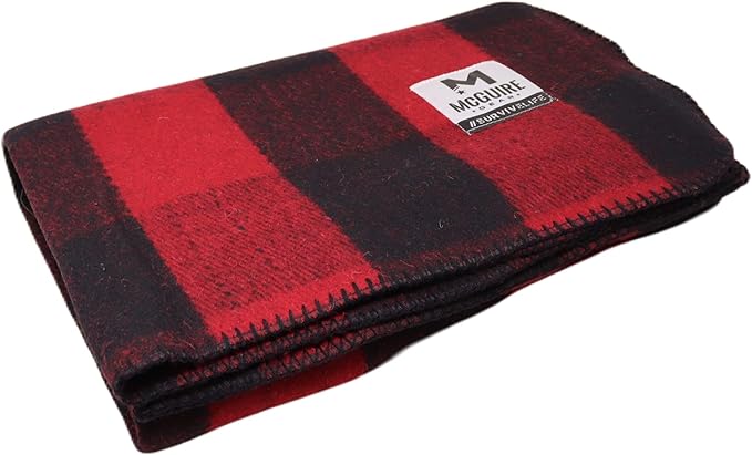 M MCGUIRE GEAR Warm Wool Bunkhouse Plaid Blanket for Camping Home Survival or First-Aid 64 x 90 (Red/Black)