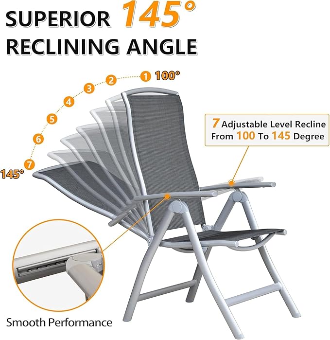 Patio Folding Chairs Set of 2 Aluminium Frame Outdoor Reclining Patio Chairs for Garden Camping Poolside Beach Deck Adjustable High Back Lawn Chairs with Textilene Fabric Seat Dark Gray