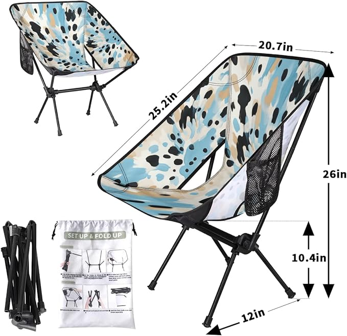 Portable Camping Chair Blue Black Print Ultralight Folding Camping Chair Backpacking Hiking Chair with Cup Holder for Outdoor Travel Beach Picnic Festival Compact Portable 176 lbs Capacity
