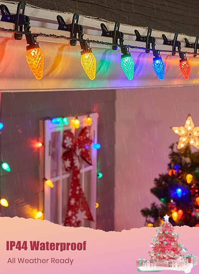 C9 LED Christmas Lights Outdoor 68 Feet 100 LED Strawberry String Lights with 100 Spring Clamps Waterproof Commercial Grade Extendable for Outside Roofline Patio Home Xmas Decoration Multicolor