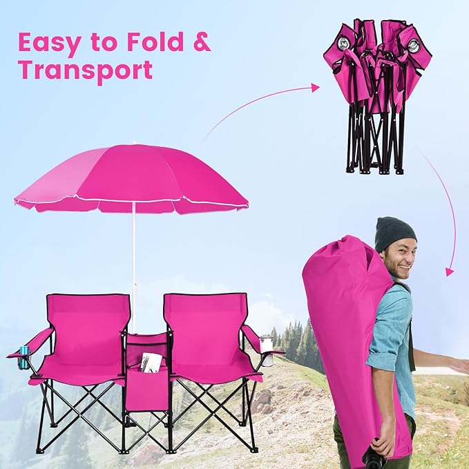 Double Beach Chair 2-Person Portable Loveseat w/Removable Umbrella Cup Holders &amp Carrying Bag Folding Camping Chairs for Adults Outdoor Picnic (Pink)