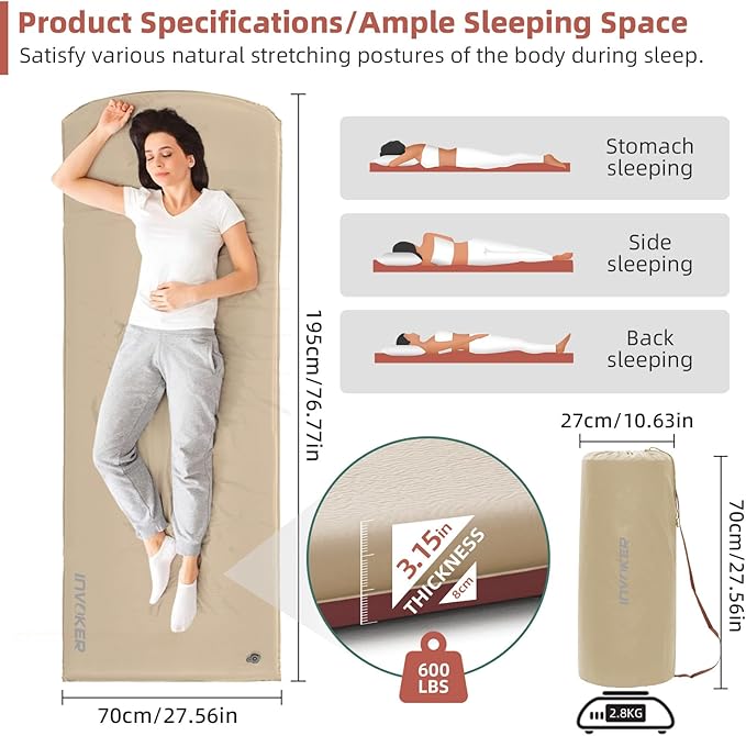 INVOKER 3.15 Self-Inflating Camping Sleeping Pad Ultra-Thick Foam Fast Inflating Camping Mat Air Mattress with Pillow 4-Season Insulated for Tent Car Camping Travel Khaki with Pink-Orange