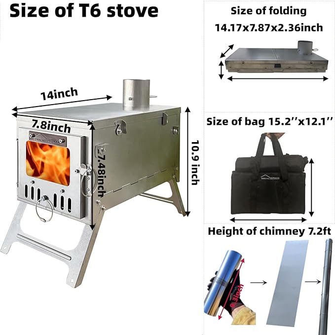 DANCHEL OUTDOOR Backpacking Hot Tent w/Stove Jack Portable Tipi Tent with T6 Titanium Folding Wood Stove for 1-4 Person Winter Camping Hunting3m/4m
