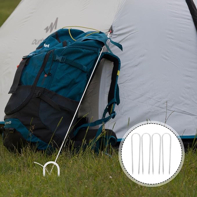 4pcs U-Shaped Steel Ground Nails Tent Stakes Galvanized Camping Canopy Pegs Heavy Duty Trampoline Fixing Anchors for Outdoor Shelter and Swing Set