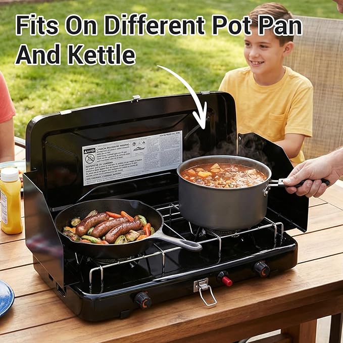 Camping Stove 2 Burners Propane Portable Camp Stove with Regulator Push-Button Instant Ignition Adjustable Burners &amp Wind Guards for Car BBQ Picnics Outdoor Cooking