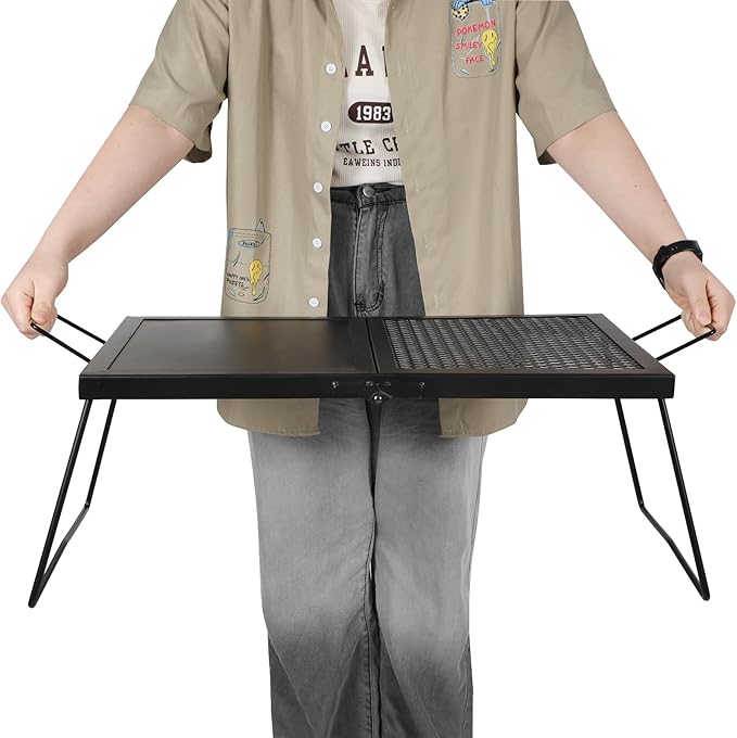REDCAMP Folding Campfire Grill Heavy Duty Steel Mesh Grate 23.6 Portable Camping Grates Over Fire Pit Campfire Cook Equipment with Legs Carrying Bag Grilling Rack for Outdoor Open Flame Cooking