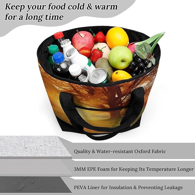 Insulated Shopping BagLarge Reusable Cooler Bags Autumn Sunset Printed Foldable Shopping BagTravel Waterproof Shoulder Bag