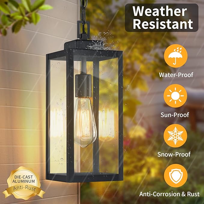 2 Packs 15'' Large Outdoor Pendant Light Modern Outside Chandelier Outdoor Hanging Lantern Light Matte Black with Clear Glass Exterior Pendant Lighting Fixture Ceiling Mount for Porch Gazebo