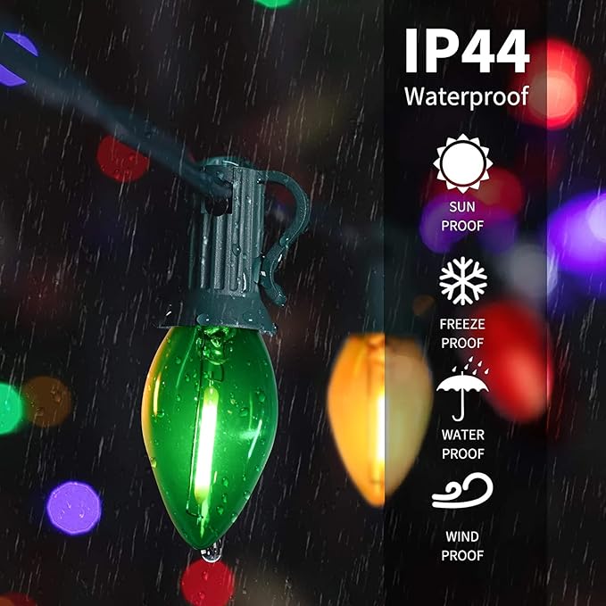 SUNSGNE 25 Feet Multicolor Christmas Lights C7 LED Outdoor Vintage Christmas Lights with 27 LED Clear Colored Bulbs(2 Spare) for Patio Porch Roofline Decorations- Green Wire