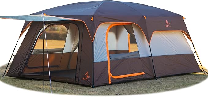 KTT Extra Large Tent 10-12-14 Person(Style-B)Family Cabin Tents2 Rooms3 Doors and 3 Windows with MeshStraight WallWaterproofDouble LayerBig Tent for OutdoorPicnicCampingFamily Gathering