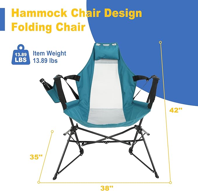 Hammock Camping Chair Portable Chairs with Pillow Cup Holder and Carry Bag Lightweight Foldable Chair for Outside Camping Hiking Travel Beach and Sports (Blue)