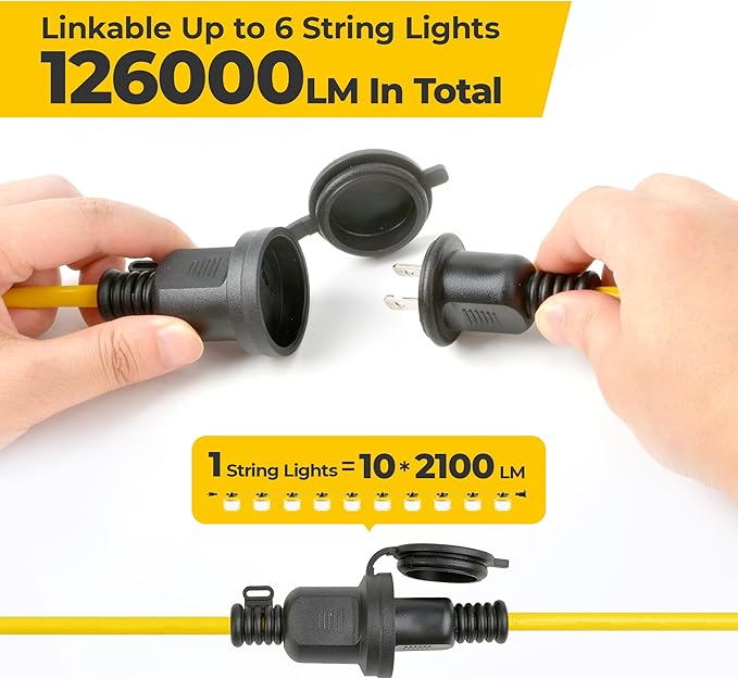 100FT 150W Ultra-Bright 21000 lumens Linkable Construction String Lights: Industrial Outdoor/Indoor Temporary Hanging Led Work Light for Attic Jobsite Garage Shop Lighting