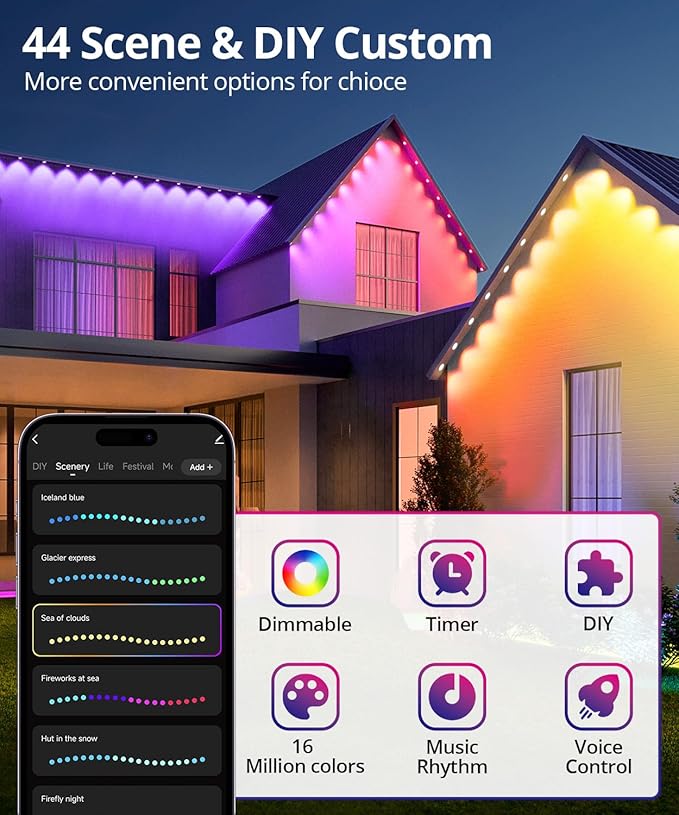 Smart Permanent Outdoor Lights 100ft with 72 LED RGB String Lights IP67 Waterproof Eaves Light with 44 Scene Modes for Halloween Christmas Birthday Holiday Party APP/Voice/Remote Control