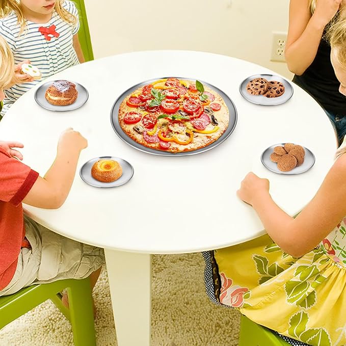 Stainless Steel Plates 8 Pack 11.8 inch 304(18/8) Metal Food Serving Plate Set Reusable Snack Eating Dishes Round Shatterproof Plate Silver BBQ Dinner Lunch Dinnerware Oven Dishwasher Safe
