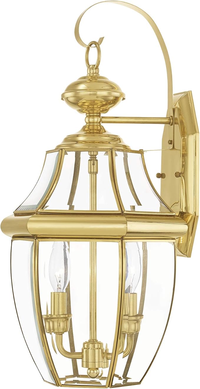 Livex Lighting 2251-02 Monterey 2 Light Outdoor Polished Brass Finish Solid Brass Wall Lantern with Clear Beveled Glass 20.25 x 10.5 x 10