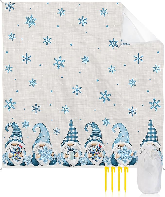 Beach Blanket Waterproof Sandproof OversizedGnomes Christmas Tree Beach Mat with Corner Stakes Sand PocketsWinter Blue Snowflakes Retro Linen Outdoor Picnic Mat for Travel Camping Hiking 108x84In