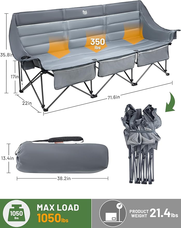 Timber Ridge 3 Person Camping Chair Supports to 1050lbs Portable Camp Couch Padded Camping Chairs Outdoor Oversized Folding Loveseat Perfect for Campsites Patio/Lawn Soccer Games Grey