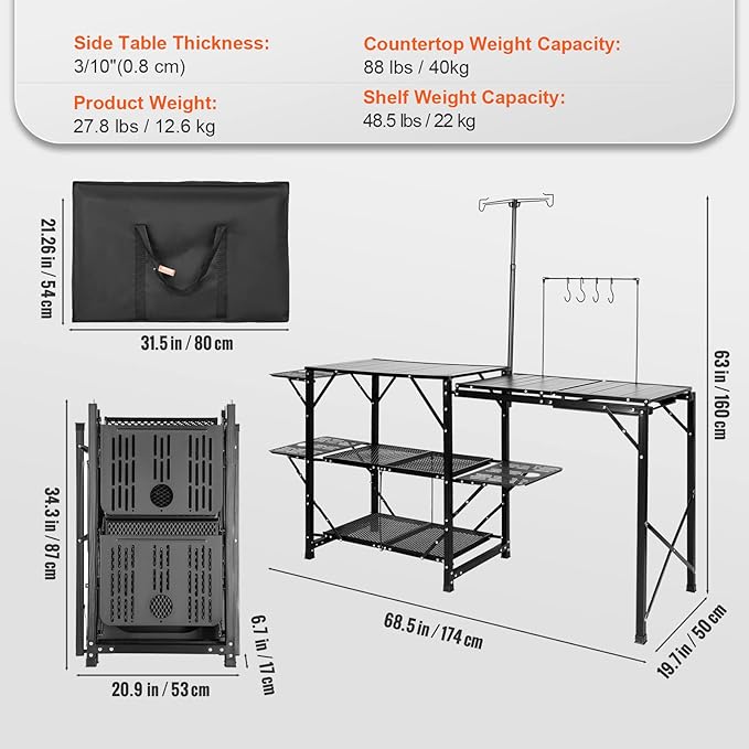 VEVOR Camping Kitchen Table with Sink Aluminum Folding Portable Outdoor Cook Station 2 Shelves &amp Carrying Bag for Picnic BBQ Beach Traveling