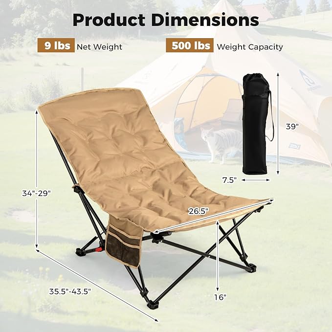 Goplus Portable Folding Camping Chair 4-Position Padded Outdoor Chair with 500 LBS Support Side Pocket and Carry Bag Outside Camp Chair for Sports Fishing and Garden (2)