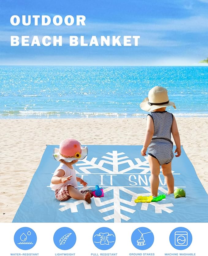 Beach Blanket Waterproof Sandproof OversizedMerry Christmas White Snowflakes Beach Mat with Corner Stakes Sand PocketsWinter Snow Blue Outdoor Picnic Mat for Travel Camping Hiking 83x79In