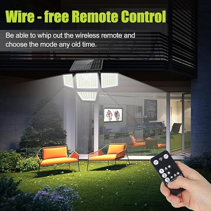 3000LM Solar Lights Outdoor with Motion Sensor4 Head 270° Wide Angle Street Area LightsIP65 Waterproof Security Lighting with 3 Modes(Remote2 Pcs)