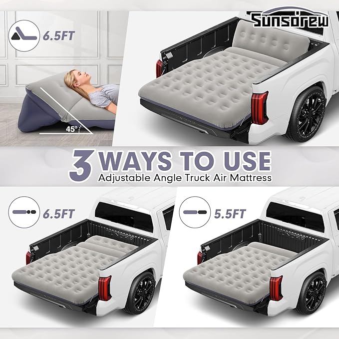Sunsdrew 2025 Upgraded T*ruck Air Bed Mattress for 5.5-6.5Ft Full-Size Inflatable Mattress Short Truck Beds with Built-in Pillow Adjustable Air Mattress for CampingHomeTruck Tent Accessories(Blue)