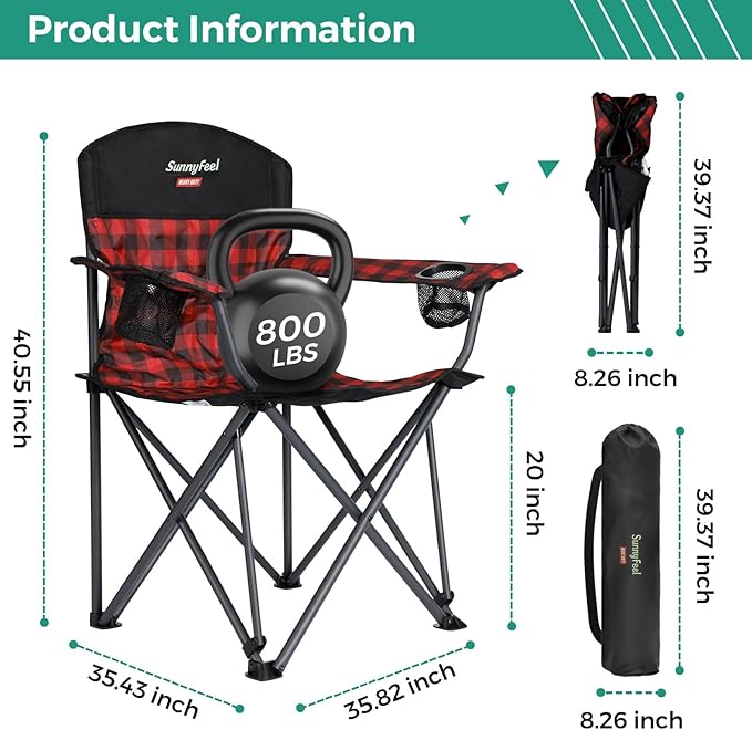 SUNNYFEEL Oversized Folding Camping Chair 2 Pack 800 LBS Heavy Duty for Big Tall People Red Padded Portable Collapsible Chairs with Armrest Cup Holder &amp Pocket for Outdoor Travel Picnic Camp Sport