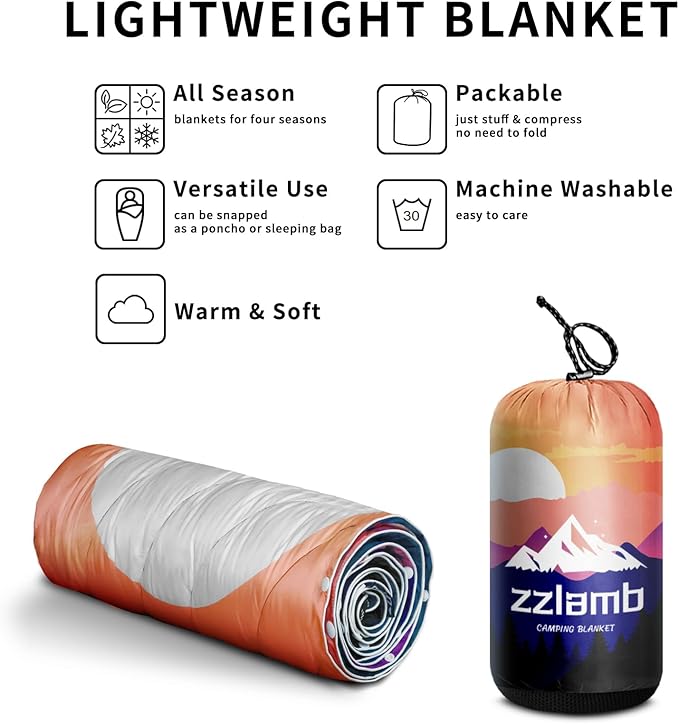 zzlamb Camping Blanket for Cold WeatherOutdoor Puffy Blanket Portable Down AlternativeWindproof Warm Cloak with SnapsCozy Quilt Backpacking Picnic RV Travel Plane Car Hammock Beach Climbing