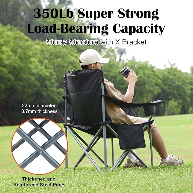Oversized Camping Folding Chair Heavy Duty Outdoor Quad Lumbar Back Padded Arm Chairs with Side Pockets Cup Holder &amp Cooler Bag Portable Chairs for Beach Lawn Picnic Fishing Support 450 LBS
