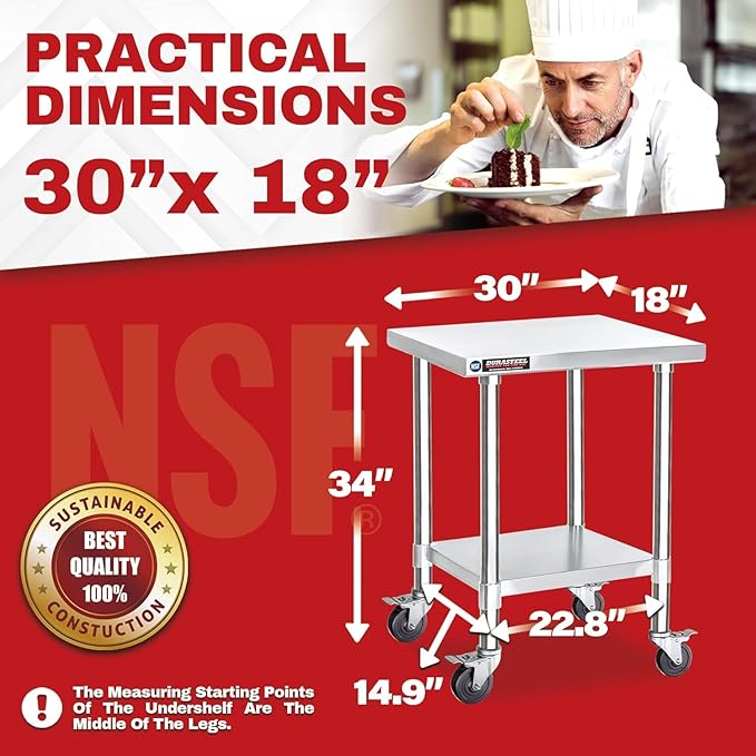 DuraSteel 30x18 NSF Stainless Steel Cart Work Table - Heavy Duty Rolling Food Prep Table - Metal Utility Cart on Wheels Caster Grill Stand Microwave Outdoor Kitchen Tables Countertop Island Large Top