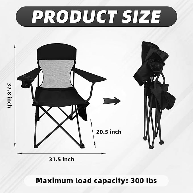 Lightweight Camping Chair for Adults 300lbs Capacity Foldable Portable Lawn Chair with Carry Bag Outdoor Chair for Camping Lawn Beach &amp Travel Black