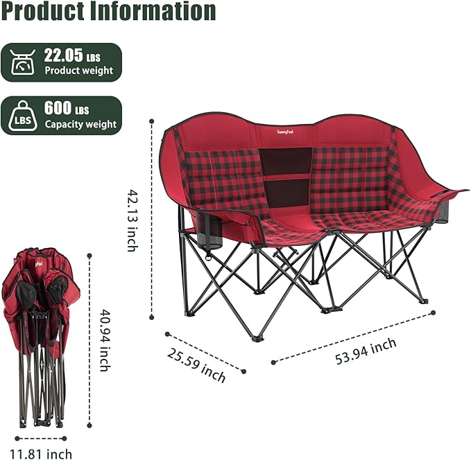 SUNNYFEEL Double Camping Chair Portable Folding Loveseat for 2 Adults Heavy Duty Oversized Camping Couch 600 lbs with Cup Holders &amp Storage for Outdoor Camping Beach Lawn Patio RV &amp Indoor
