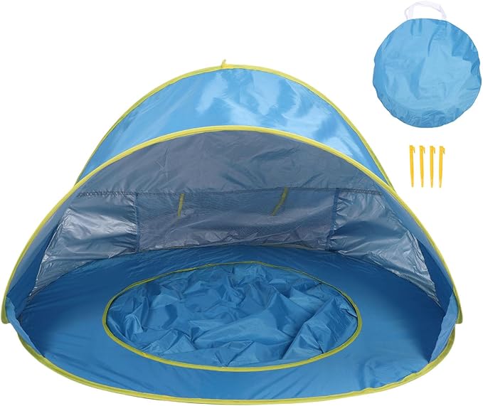 Pop Up Beach Tent Portable Sun Shelter with UPF50+ Protection and Built in Baby Pool Compact Foldable Beach Shade for Infant Outdoor Camping Beach Picnic (Blue)