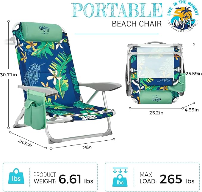 #WEJOY Folding Beach Chair for Adults 4-Position Lightweight Beach Chair Low Beach Chairs with Shoulder Strap Cup Holder and Headrest Supports 265lbs for Beach Lawn (Rainforest)