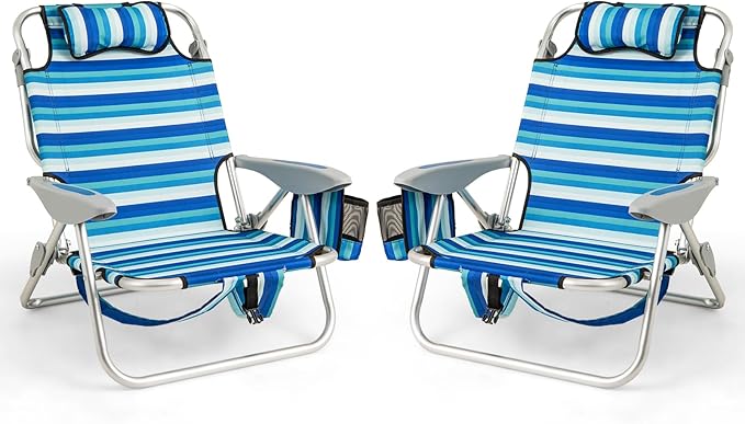 Goplus Beach Chair 2 Pack 330lbs Folding Backpack Chairs for Adults with 4-Position Backrest Storage Pockets Towel Bar Foldable Low Beach Lounge Portable Aluminum Lay Flat Camping Chair