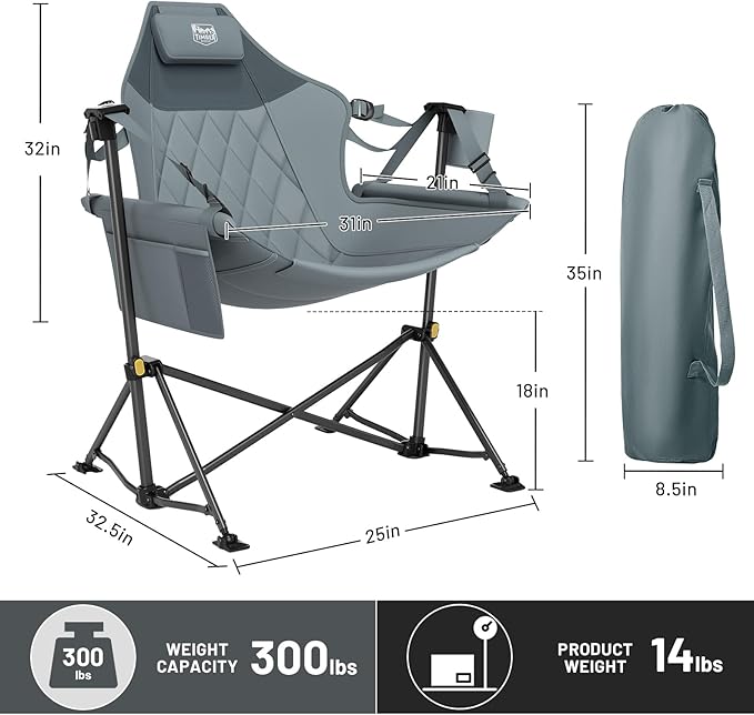 Timber Ridge Hammock Camping Chair with Adjustable Backrest Heavy Duty Folding Hammock Chair Supports 300lbs Portable Hammock Chair for Camping Travelling and Patio Grey