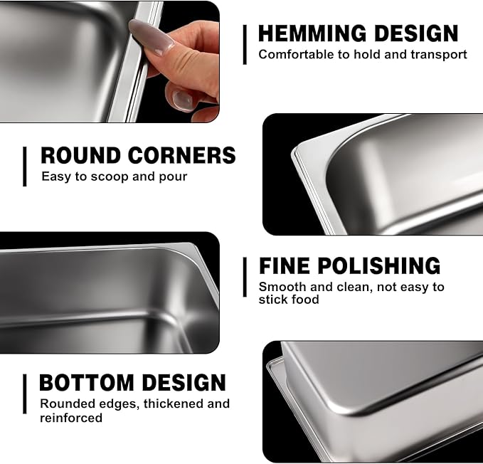 West Bay 4 Pack 1/2 Half Size Hotel Pan with Lids 4'' Deep Steam Table Pan with Lid 12.8''L x 10.4''W Stainless Steel Pans for Home Party Hotel Buffet