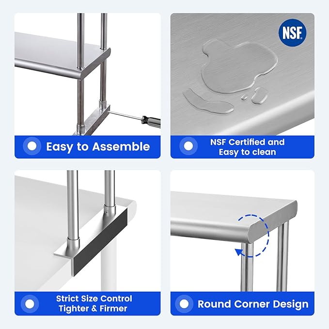 Hally Double Overshelf of Stainless Steel 12'' x 72'' Weight Capacity 420lb Commercial 2 Tier Shelf for Prep &amp Work Table in Restaurant Home or Kitchen