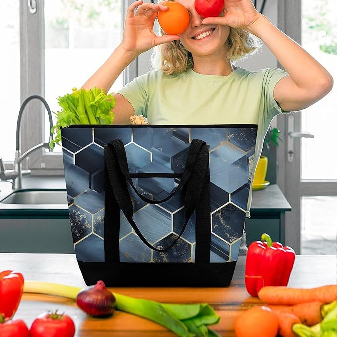 Insulated Shopping BagLarge Reusable Cooler Bags Blue Hexagons And Diamonds Printed Foldable Shopping BagTravel Waterproof Shoulder Bag
