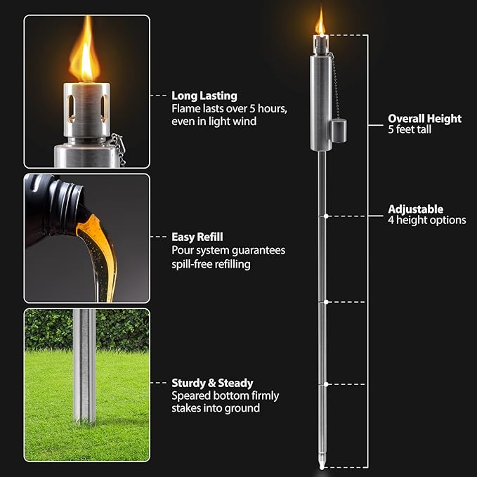 Matney Stainless Steel Outdoor Torches - Decorative Garden &amp Yard Lights - 5 ft Oil Lamp for Citronella - Fiberglass Wick &amp Snuffer Cap - Set of 2 (Barrel)