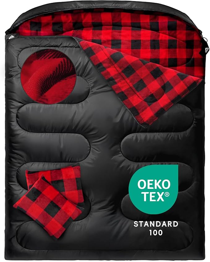 MEREZA Flannel Double Sleeping Bag for Adults Cold Weather XL Queen Size Sleeping Bag for All Season 2 Person Big and Tall Sleeping Bags for Camping 0 Degree with Pillow