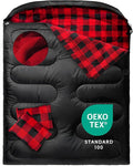 MEREZA Flannel Double Sleeping Bag for Adults Cold Weather XL Queen Size Sleeping Bag for All Season 2 Person Big and Tall Sleeping Bags for Camping 0 Degree with Pillow