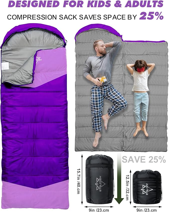 Lightweight 3-Season Sleeping Bag for Adults/Kids Camping Compact w/Compression Sack Waterproof Ripstop Portable for Backpacking Hiking Travel